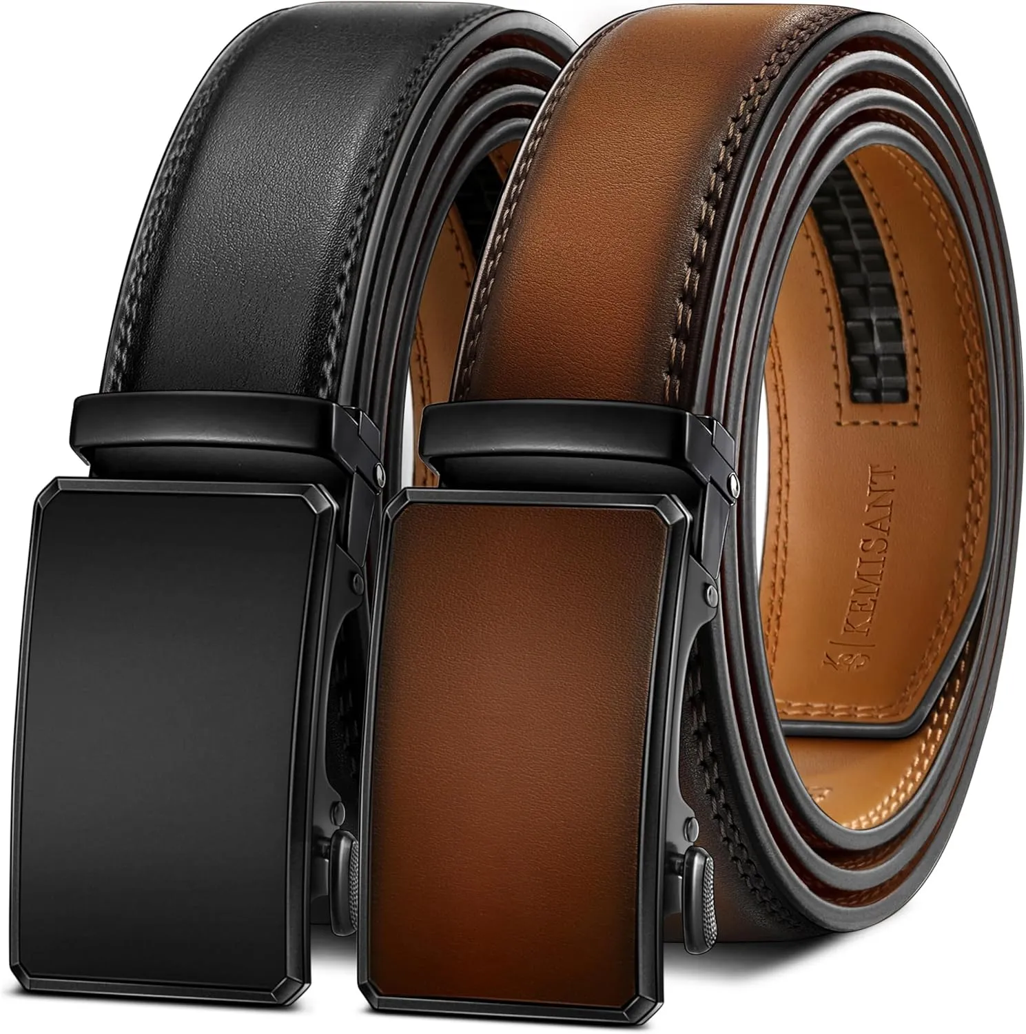 KEMISANT Men Belt 2 Pack, Leather Ratchet Belt Easy Click Slide For Men 1 3/8",Cut for Fit