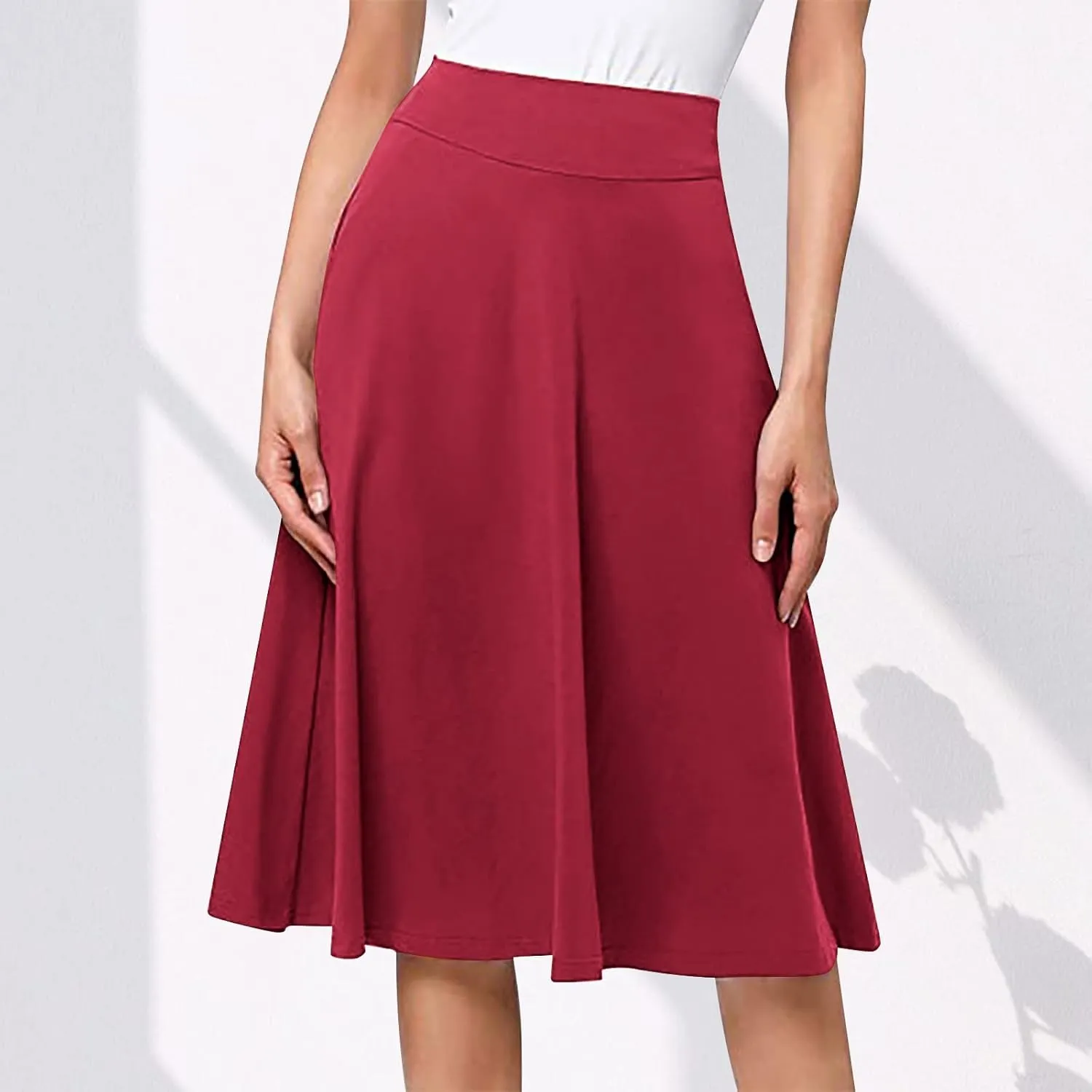 Ladies High Waist Knee Length Skirts Casual Solid Color Comfortable Flared Skirt for Women Flowy Pleated Skirts