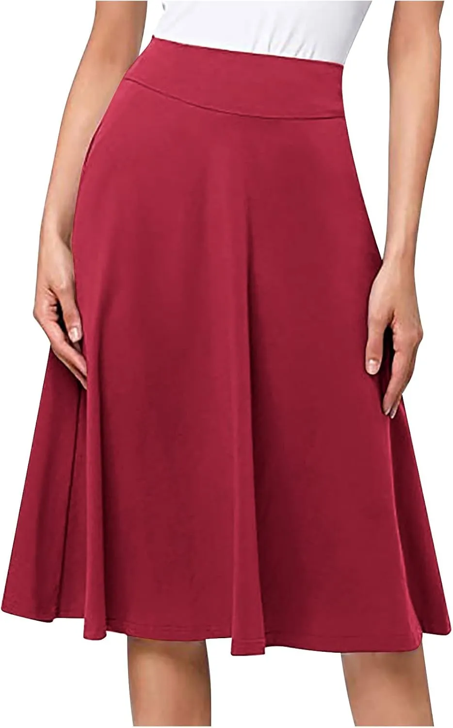 Ladies High Waist Knee Length Skirts Casual Solid Color Comfortable Flared Skirt for Women Flowy Pleated Skirts