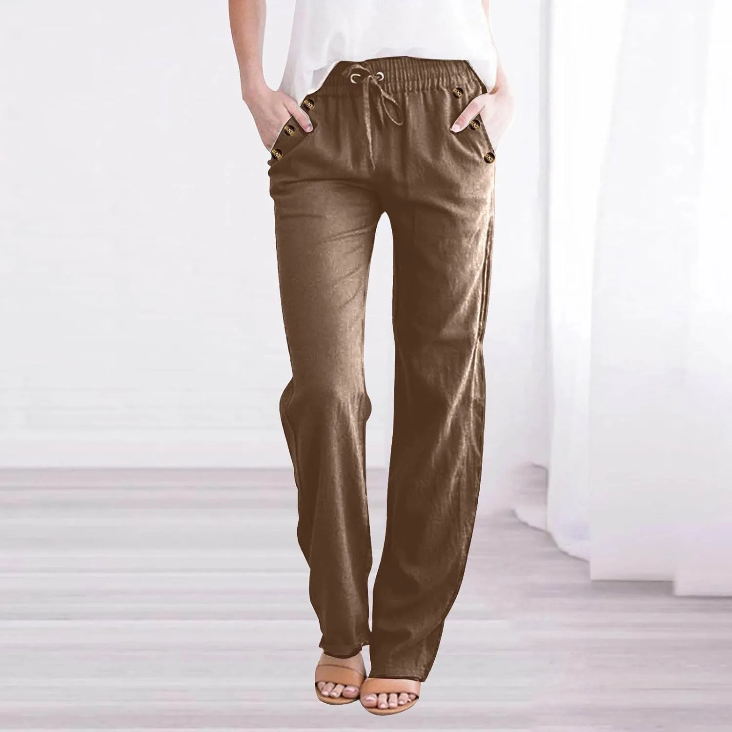 LEMONONSTORE Womens Fashion Casual Elastic Waist Drawstring Pants Trendy Work Straight Leg Pant Summer Trousers with Pockets