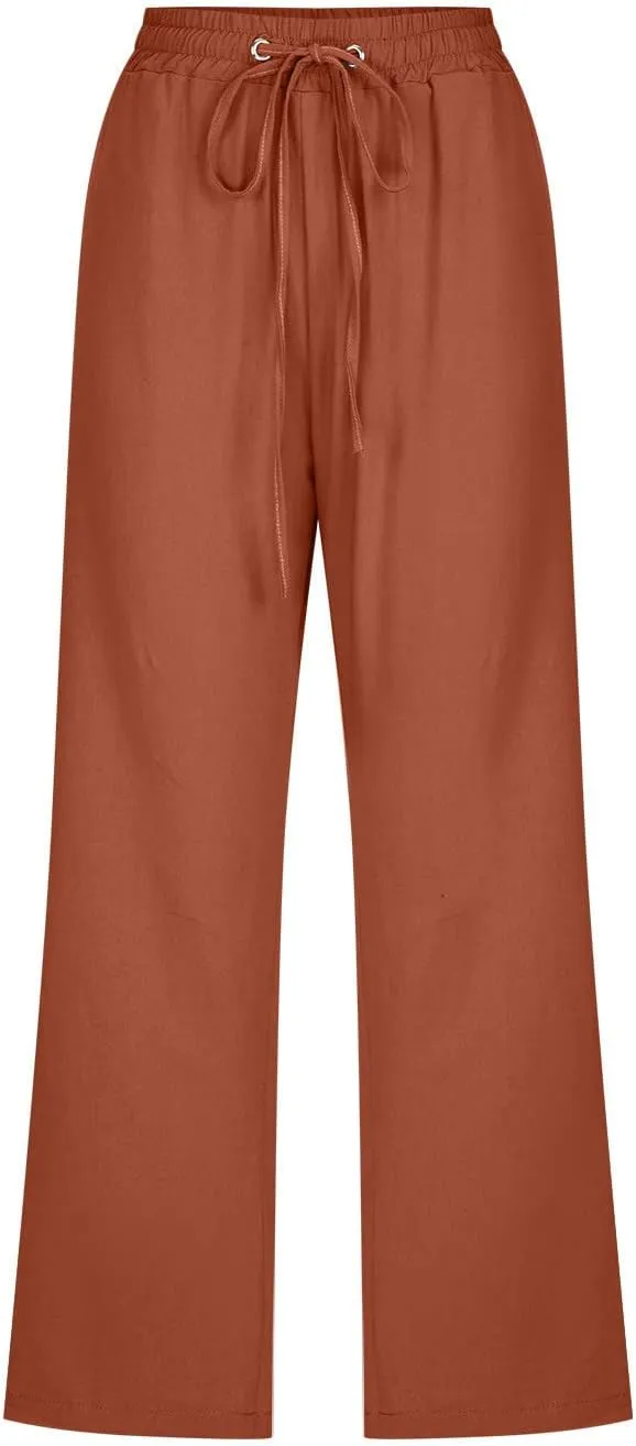 Linen Capri Pants for Women Summer Casual Capris Drawstring Waist Wide Leg Cropped Pant Plus Size Crop Trousers