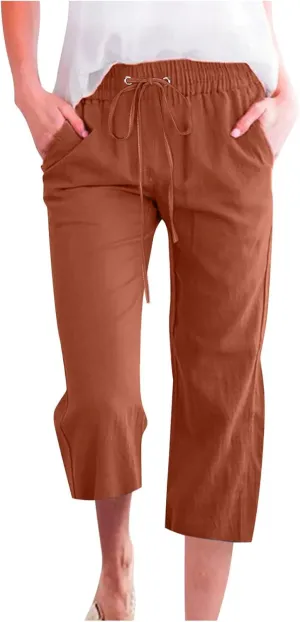 Linen Capri Pants for Women Summer Casual Capris Drawstring Waist Wide Leg Cropped Pant Plus Size Crop Trousers
