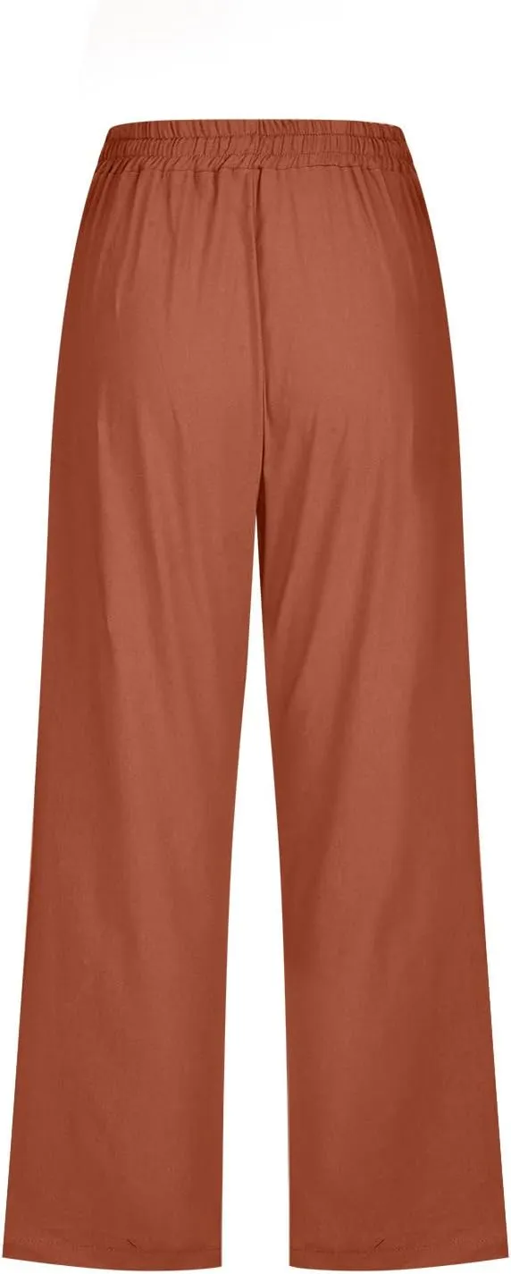 Linen Capri Pants for Women Summer Casual Capris Drawstring Waist Wide Leg Cropped Pant Plus Size Crop Trousers
