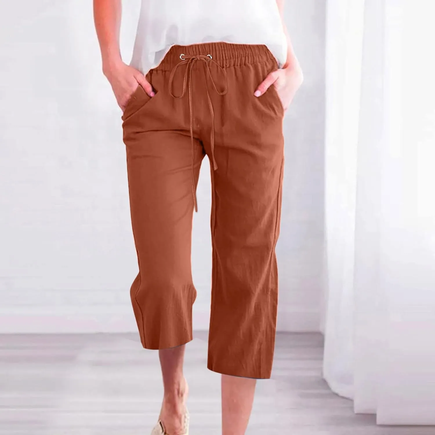 Linen Capri Pants for Women Summer Casual Capris Drawstring Waist Wide Leg Cropped Pant Plus Size Crop Trousers