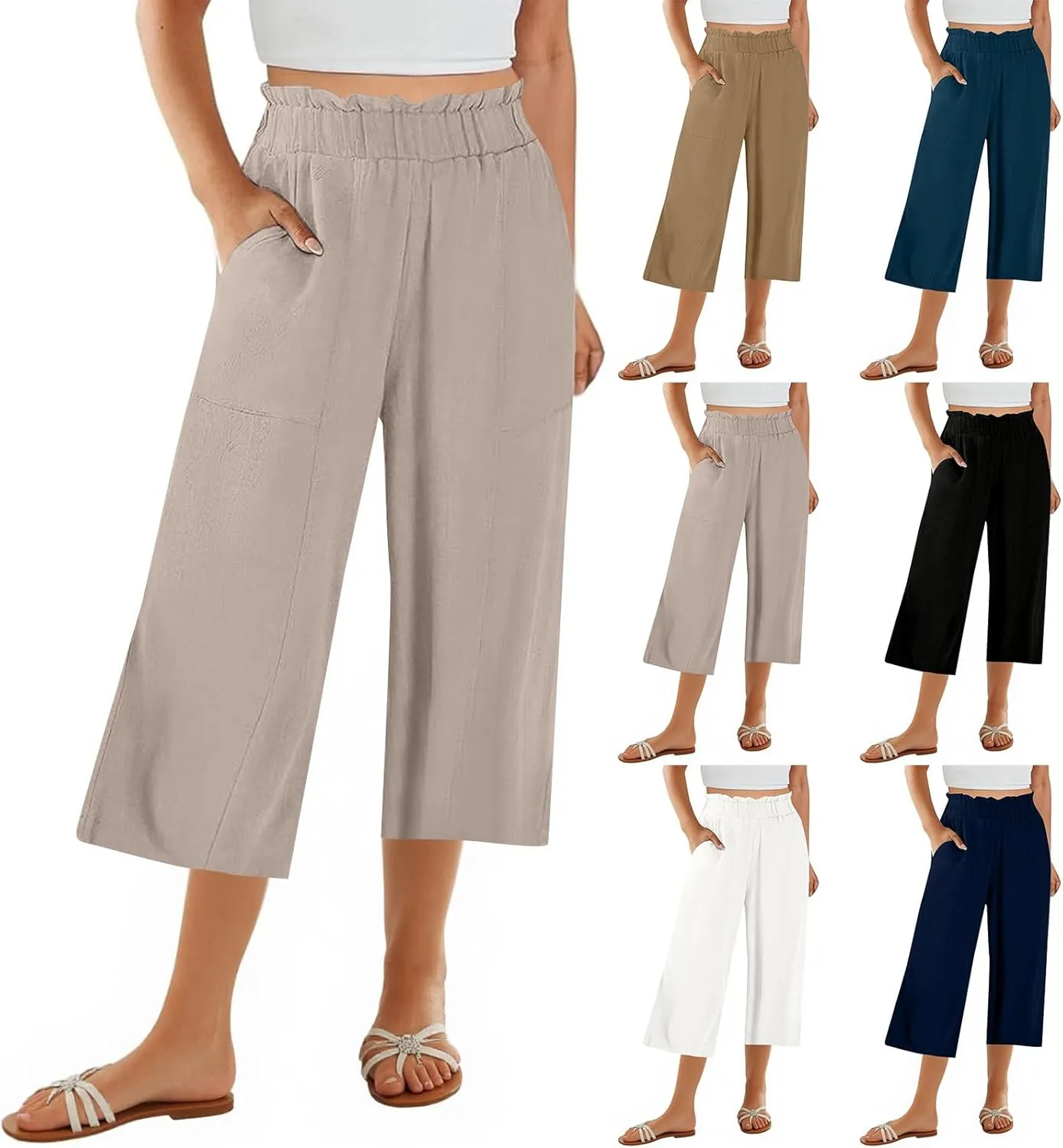 Linen Capri Pants for Women Trendy Summer Loose Fit High Waisted Paperbag Pants Casual Pull on Beach Cropped Trouser