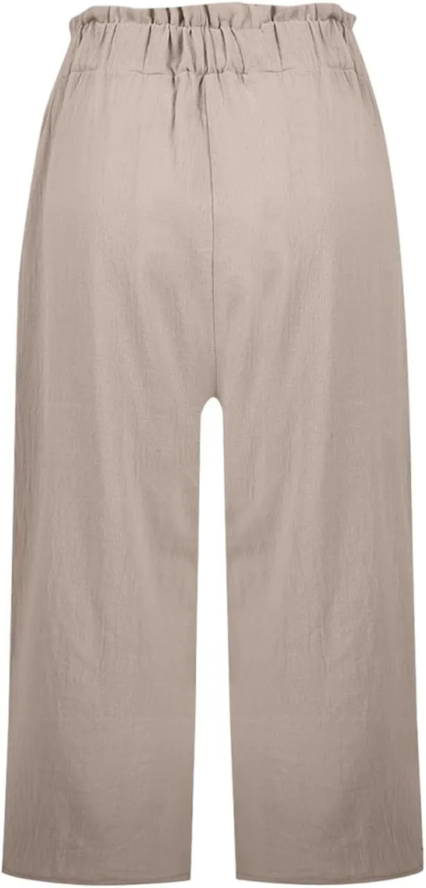Linen Capri Pants for Women Trendy Summer Loose Fit High Waisted Paperbag Pants Casual Pull on Beach Cropped Trouser