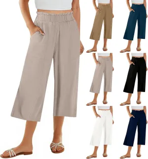 Linen Capri Pants for Women Trendy Summer Loose Fit High Waisted Paperbag Pants Casual Pull on Beach Cropped Trouser
