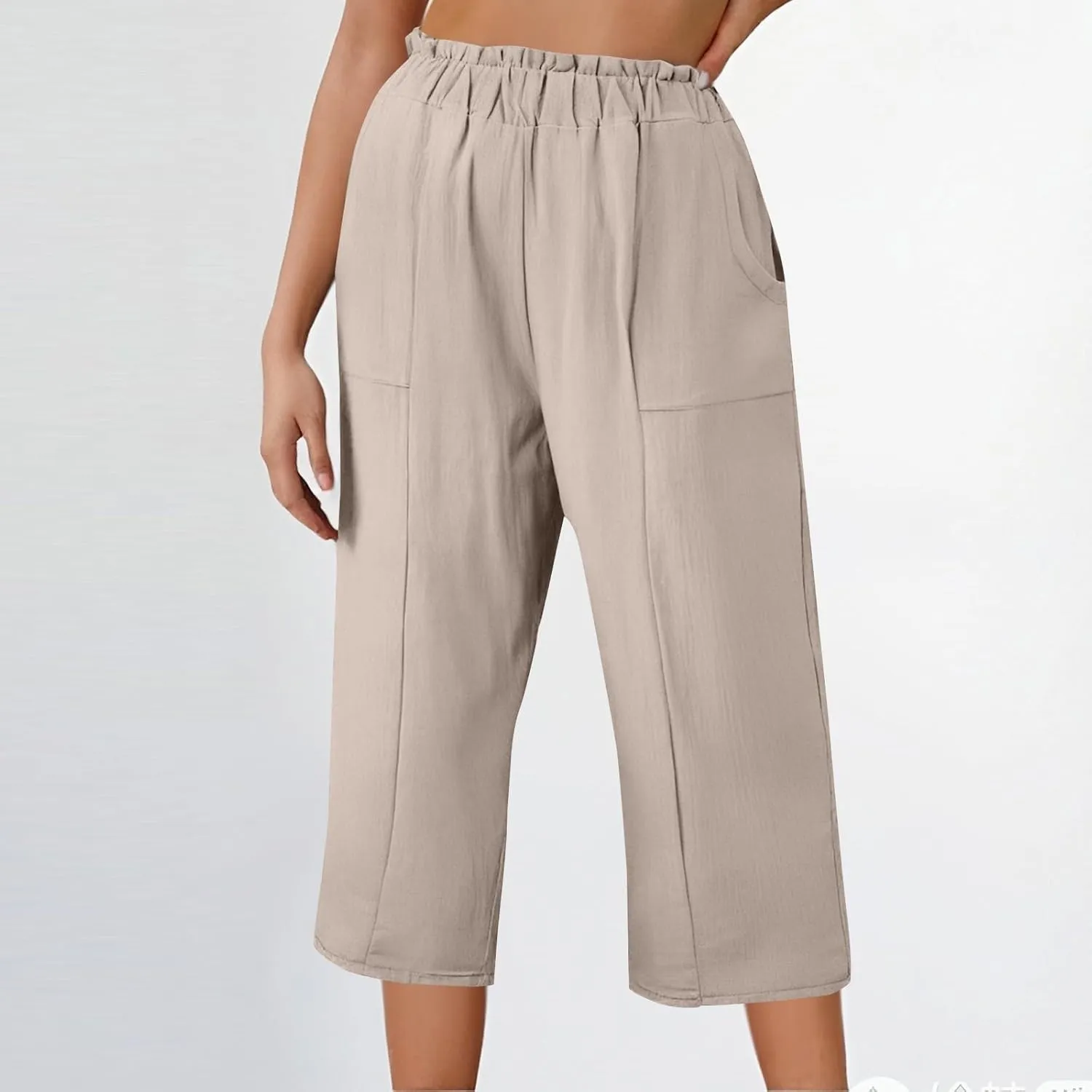 Linen Capri Pants for Women Trendy Summer Loose Fit High Waisted Paperbag Pants Casual Pull on Beach Cropped Trouser