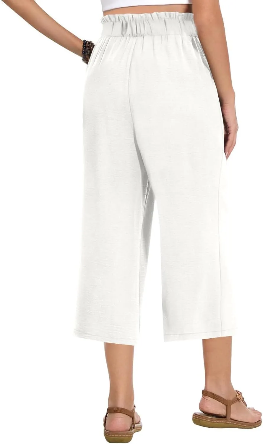 Linen Capri Pants for Women Trendy Summer Loose Fit High Waisted Paperbag Pants Casual Pull on Beach Cropped Trouser