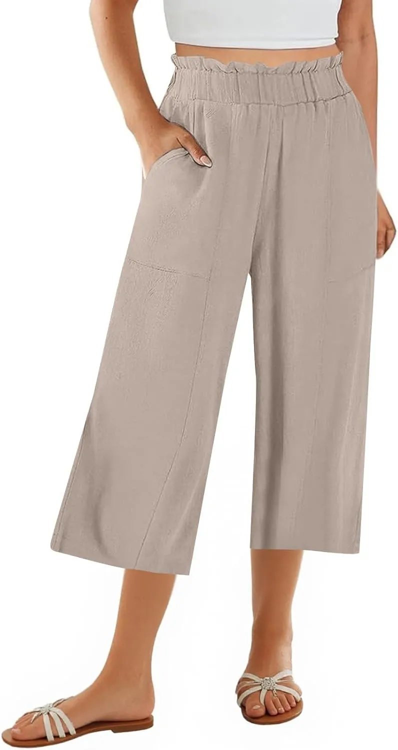 Linen Capri Pants for Women Trendy Summer Loose Fit High Waisted Paperbag Pants Casual Pull on Beach Cropped Trouser