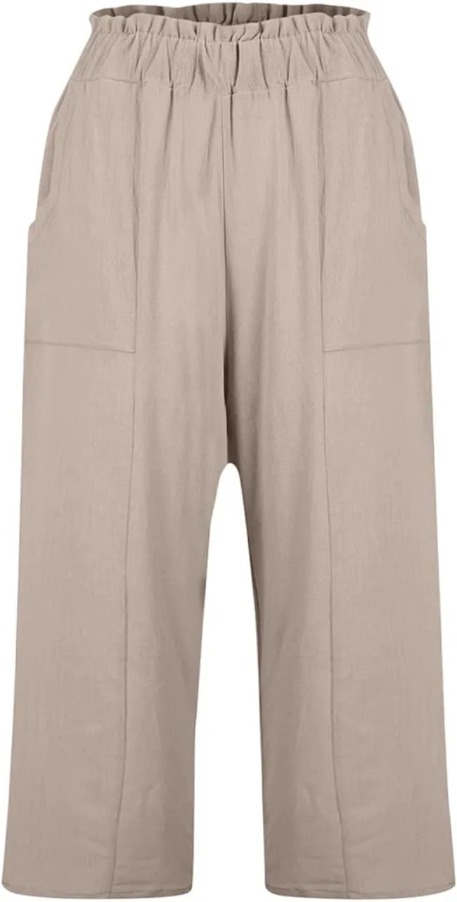 Linen Capri Pants for Women Trendy Summer Loose Fit High Waisted Paperbag Pants Casual Pull on Beach Cropped Trouser