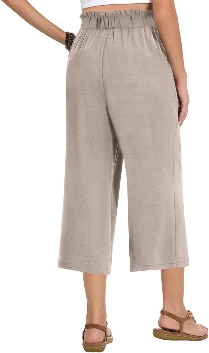Linen Capri Pants for Women Trendy Summer Loose Fit High Waisted Paperbag Pants Casual Pull on Beach Cropped Trouser