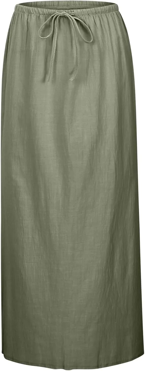 Linen Maxi Skirts for Women Trendy Summer Comfy Drawstring A Line Skirts Casual Beach Vacation Boho Flowy Long Skirts