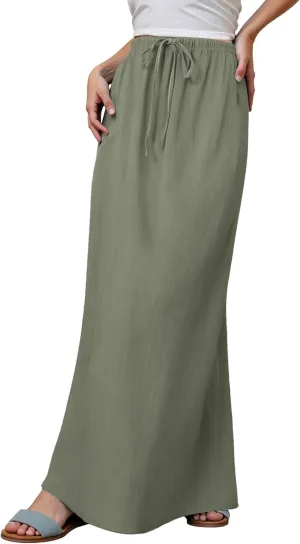 Linen Maxi Skirts for Women Trendy Summer Comfy Drawstring A Line Skirts Casual Beach Vacation Boho Flowy Long Skirts