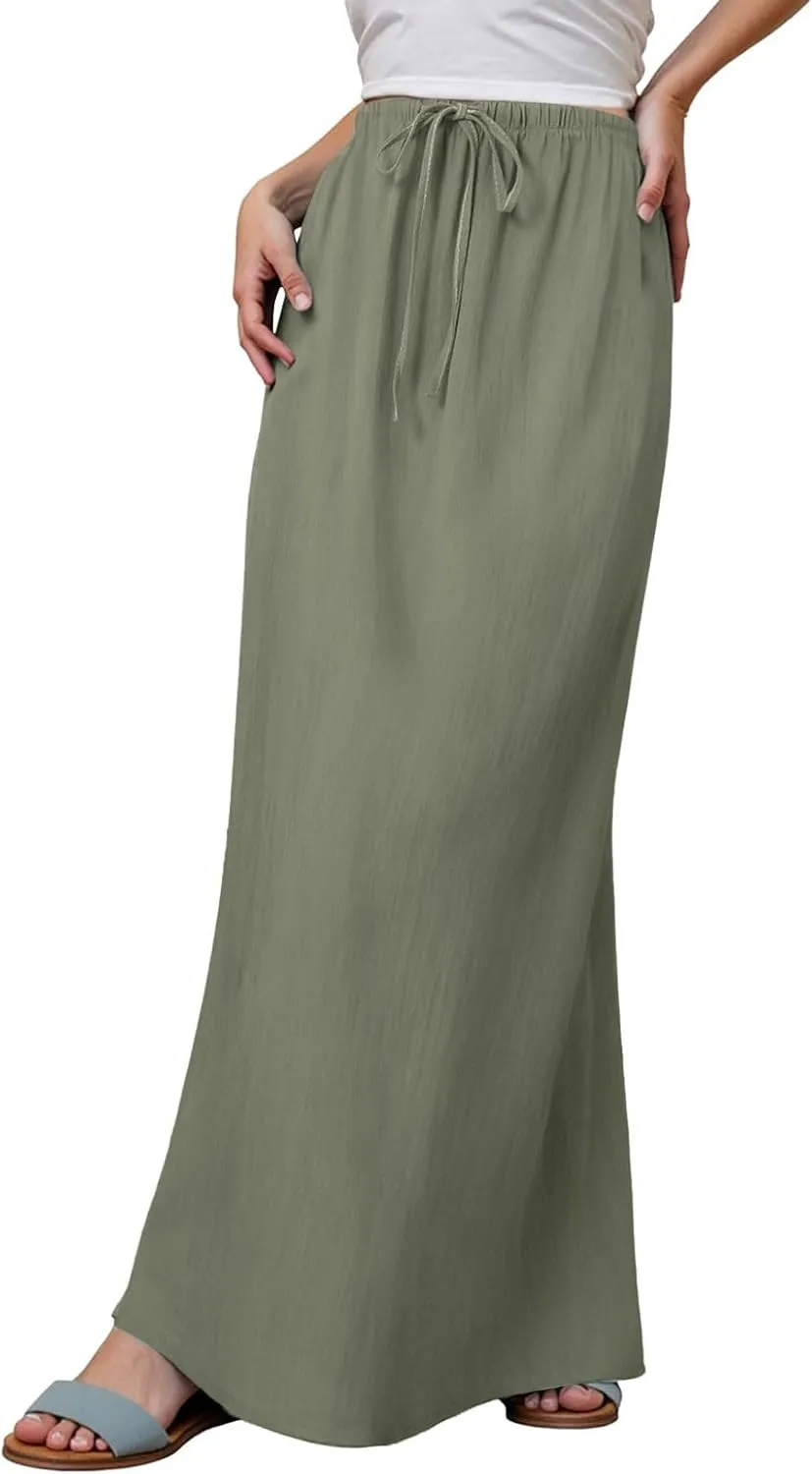 Linen Maxi Skirts for Women Trendy Summer Comfy Drawstring A Line Skirts Casual Beach Vacation Boho Flowy Long Skirts