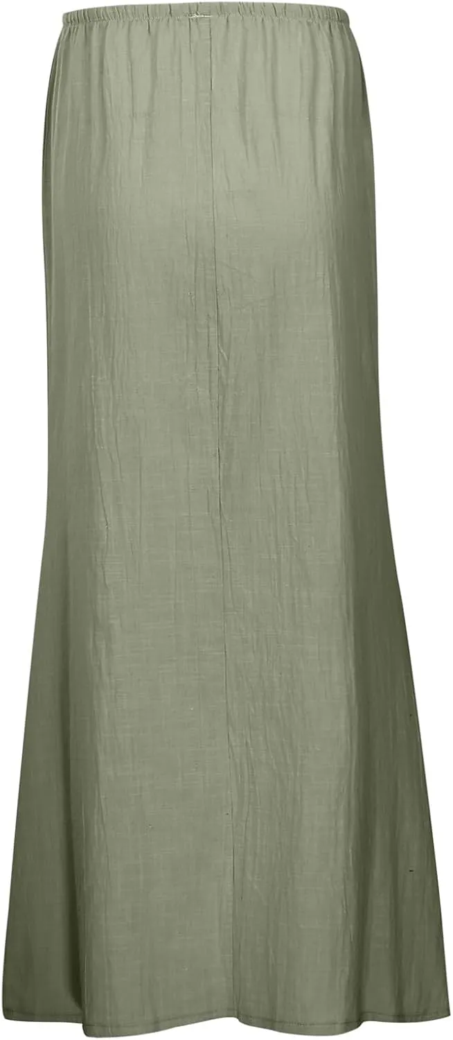 Linen Maxi Skirts for Women Trendy Summer Comfy Drawstring A Line Skirts Casual Beach Vacation Boho Flowy Long Skirts