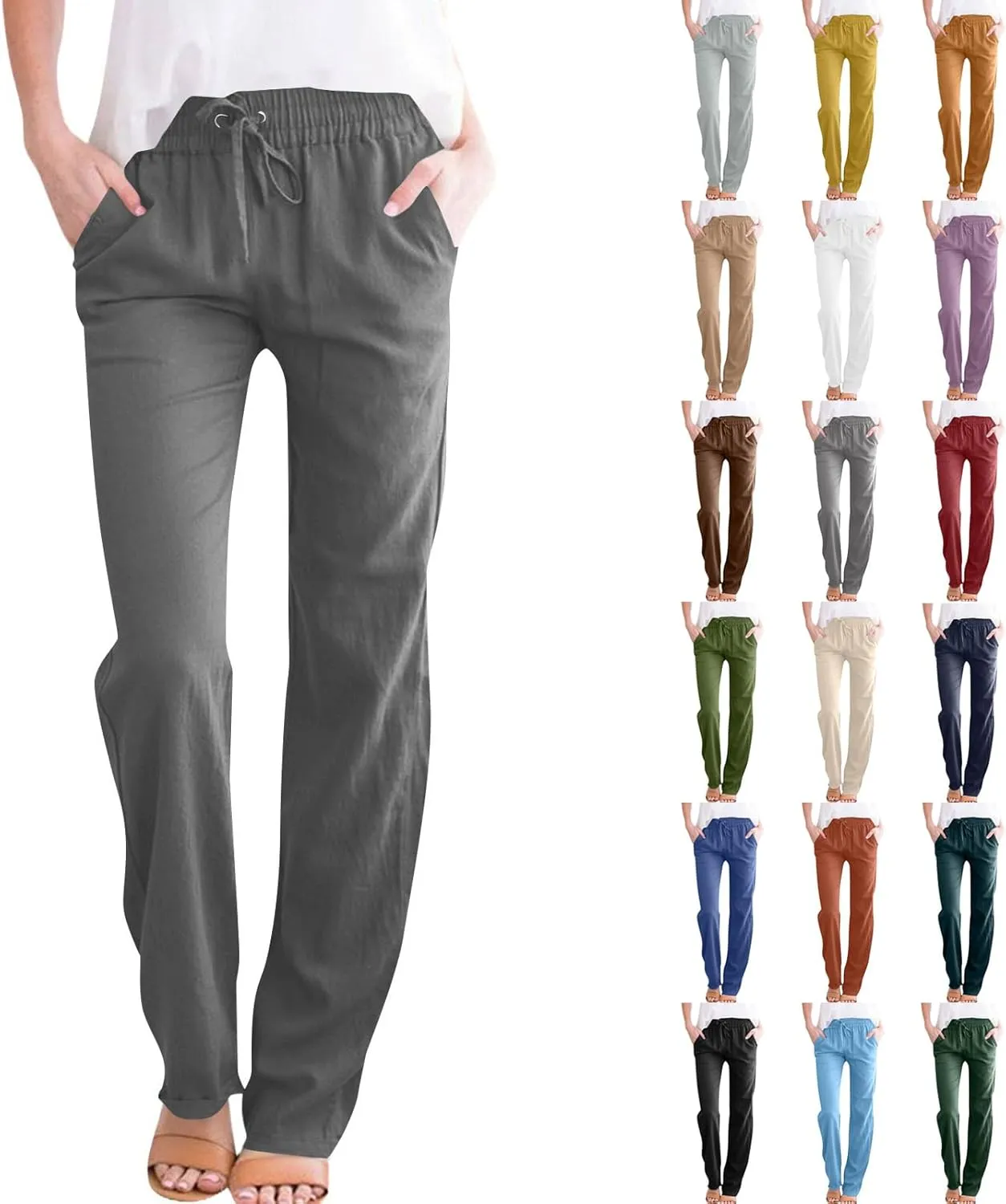 Linen Pants for Women High Waisted Loose Straight Leg Trousers Casual Summer Dress Pants Lounge Trousers with Pockets