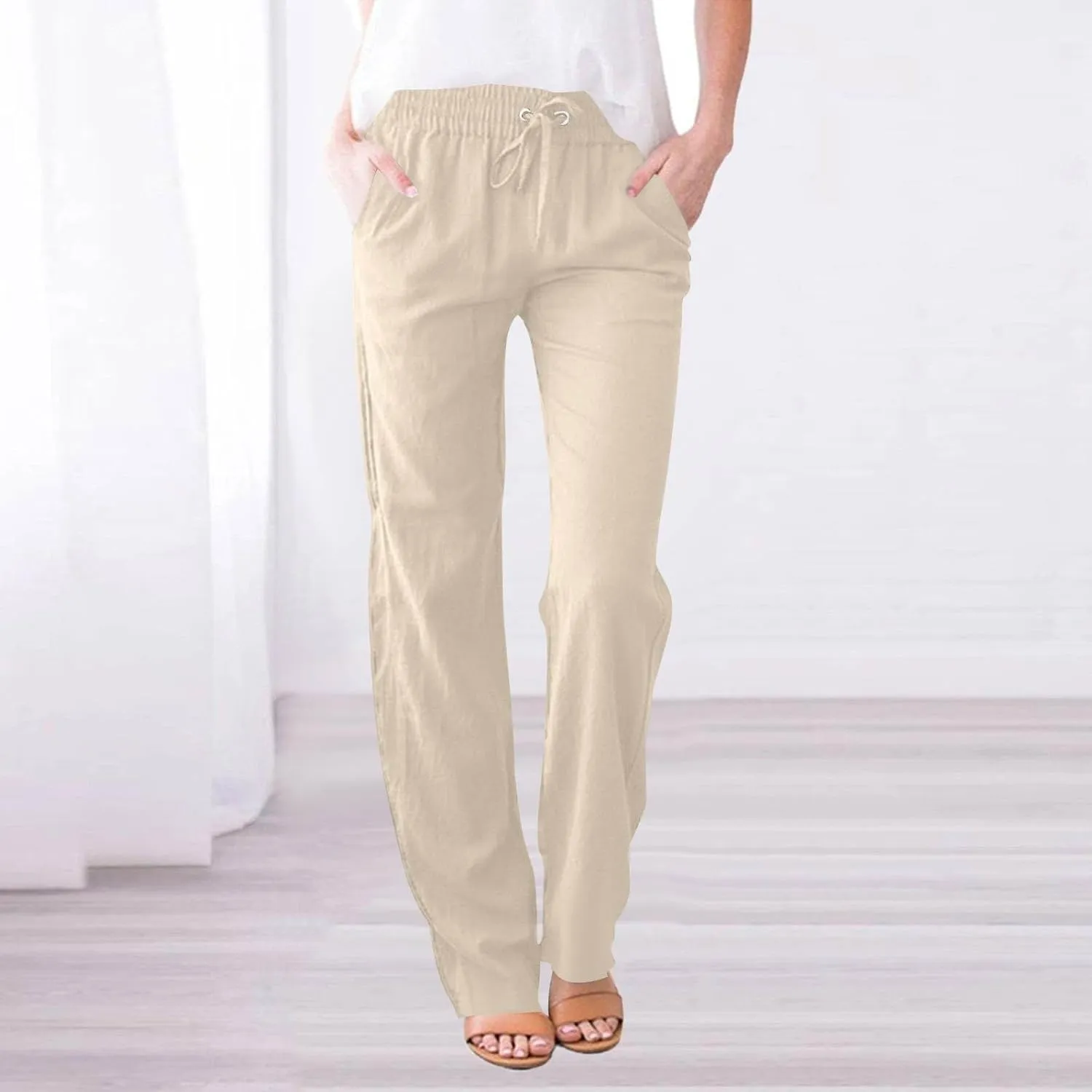 Linen Pants for Women High Waisted Loose Straight Leg Trousers Casual Summer Dress Pants Lounge Trousers with Pockets