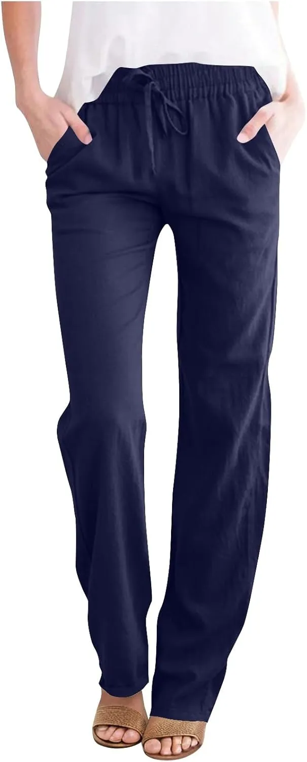 Linen Pants for Women Summer Straight Leg Pants High Waisted Drawstring Trousers Comfy Soft Lounge Pants with Pockets