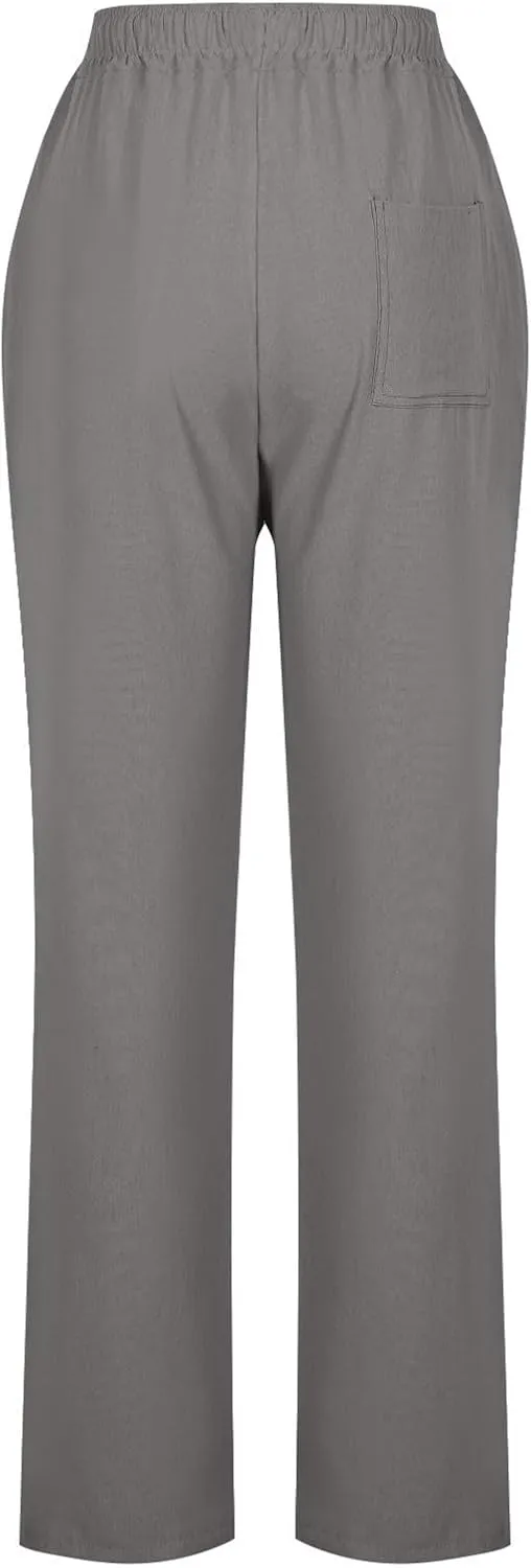 Linen Pants for Women Summer Straight Leg Pants High Waisted Drawstring Trousers Comfy Soft Lounge Pants with Pockets