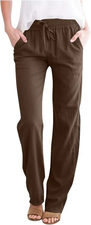 Linen Pants for Women Summer Straight Leg Pants High Waisted Drawstring Trousers Comfy Soft Lounge Pants with Pockets