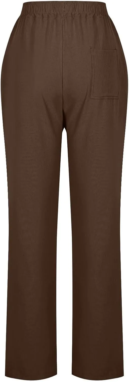 Linen Pants for Women Summer Straight Leg Pants High Waisted Drawstring Trousers Comfy Soft Lounge Pants with Pockets