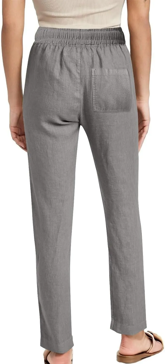 Linen Pants for Women Summer Straight Leg Pants High Waisted Drawstring Trousers Comfy Soft Lounge Pants with Pockets