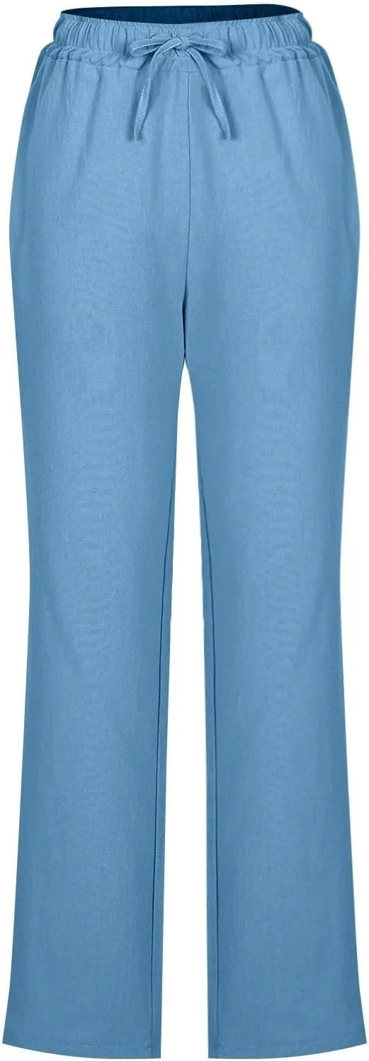 Linen Pants for Women Summer Straight Leg Pants High Waisted Drawstring Trousers Comfy Soft Lounge Pants with Pockets