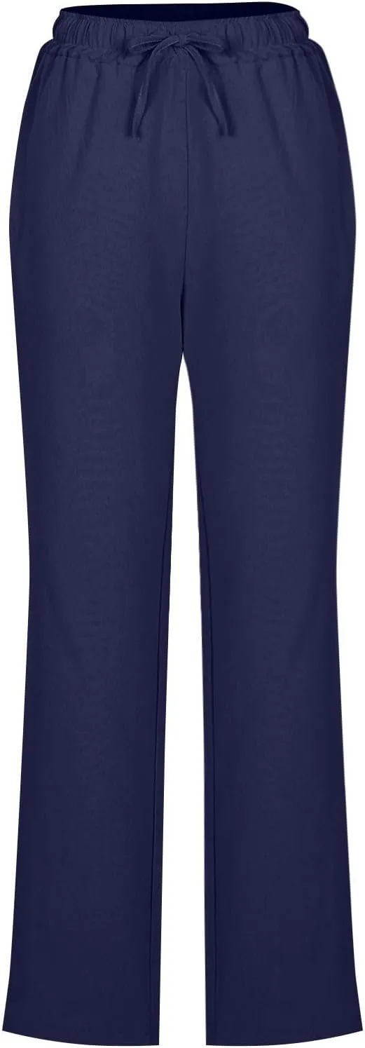 Linen Pants for Women Summer Straight Leg Pants High Waisted Drawstring Trousers Comfy Soft Lounge Pants with Pockets