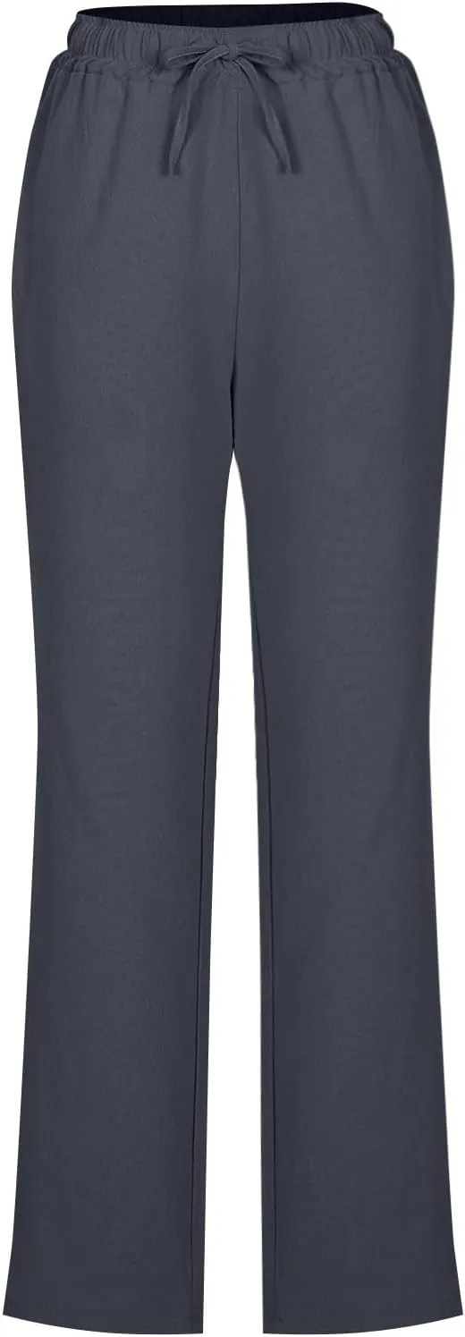 Linen Pants for Women Summer Straight Leg Pants High Waisted Drawstring Trousers Comfy Soft Lounge Pants with Pockets