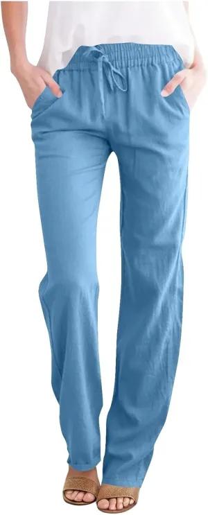 Linen Pants for Women Summer Straight Leg Pants High Waisted Drawstring Trousers Comfy Soft Lounge Pants with Pockets