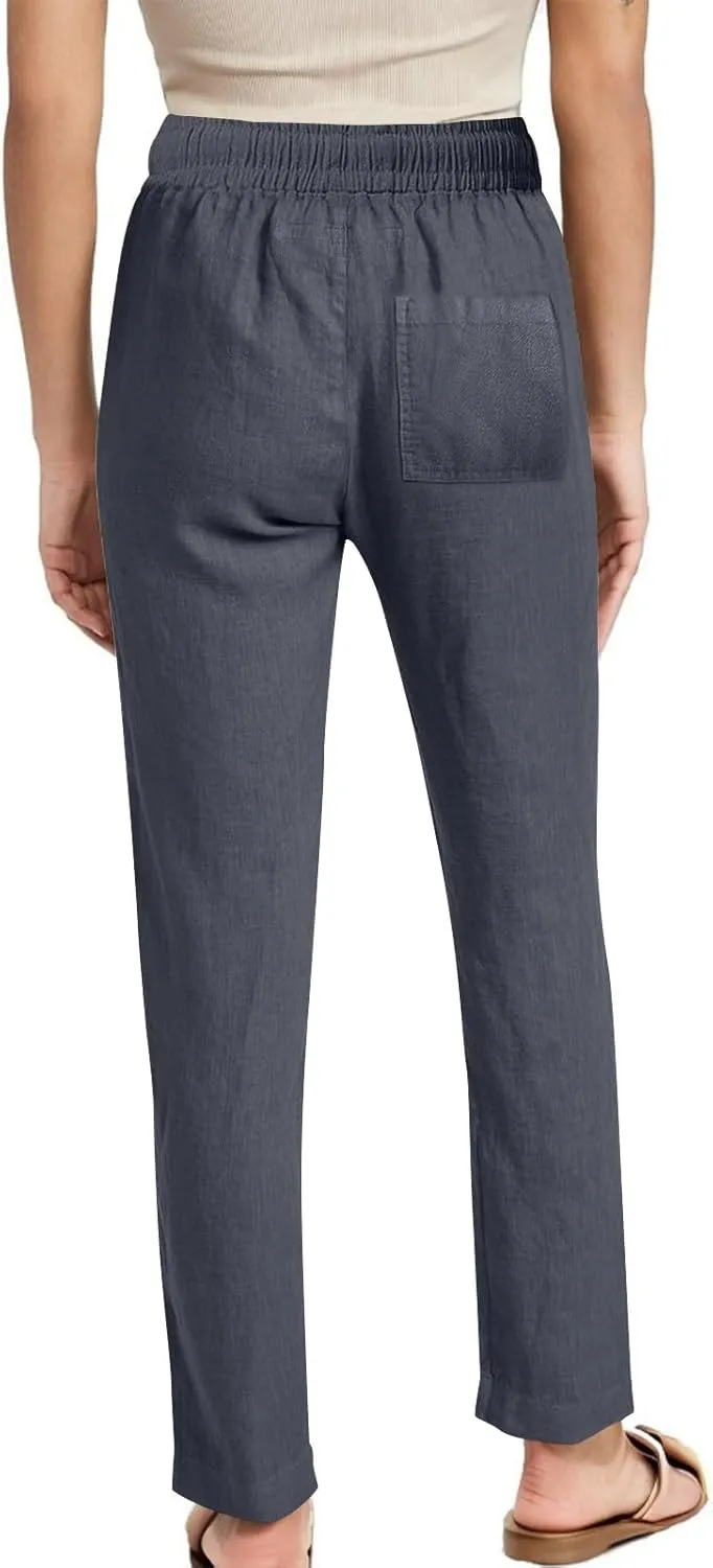 Linen Pants for Women Summer Straight Leg Pants High Waisted Drawstring Trousers Comfy Soft Lounge Pants with Pockets