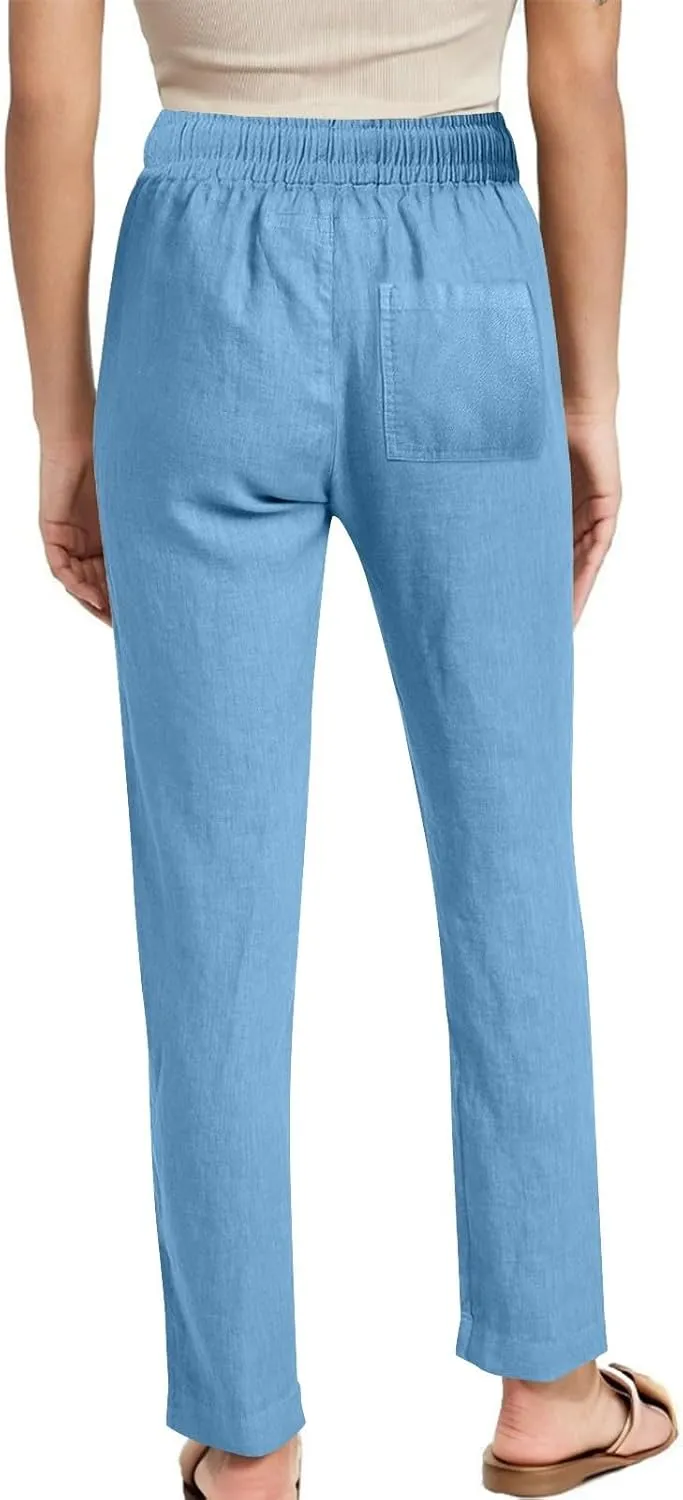 Linen Pants for Women Summer Straight Leg Pants High Waisted Drawstring Trousers Comfy Soft Lounge Pants with Pockets