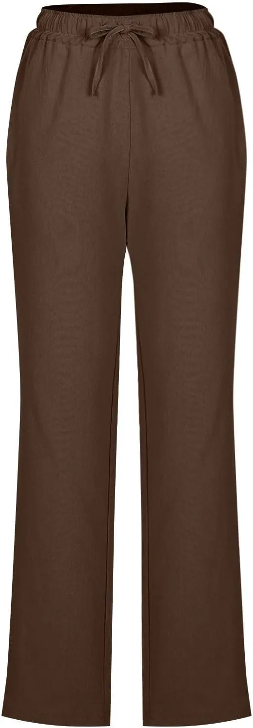 Linen Pants for Women Summer Straight Leg Pants High Waisted Drawstring Trousers Comfy Soft Lounge Pants with Pockets