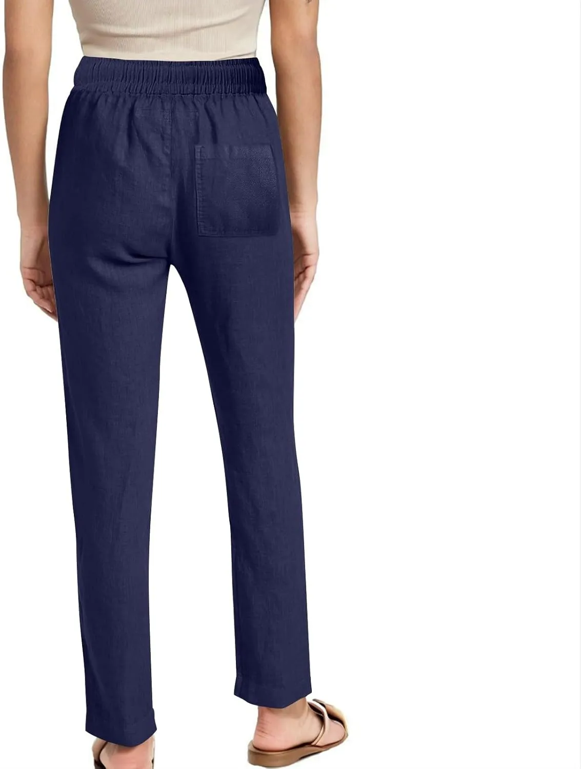 Linen Pants for Women Summer Straight Leg Pants High Waisted Drawstring Trousers Comfy Soft Lounge Pants with Pockets