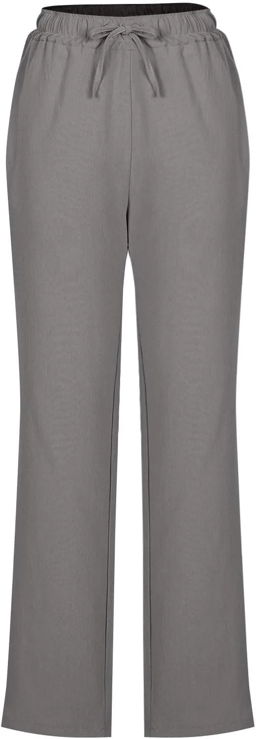 Linen Pants for Women Summer Straight Leg Pants High Waisted Drawstring Trousers Comfy Soft Lounge Pants with Pockets