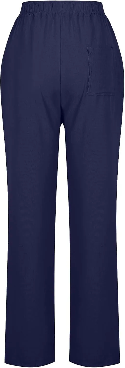 Linen Pants for Women Summer Straight Leg Pants High Waisted Drawstring Trousers Comfy Soft Lounge Pants with Pockets