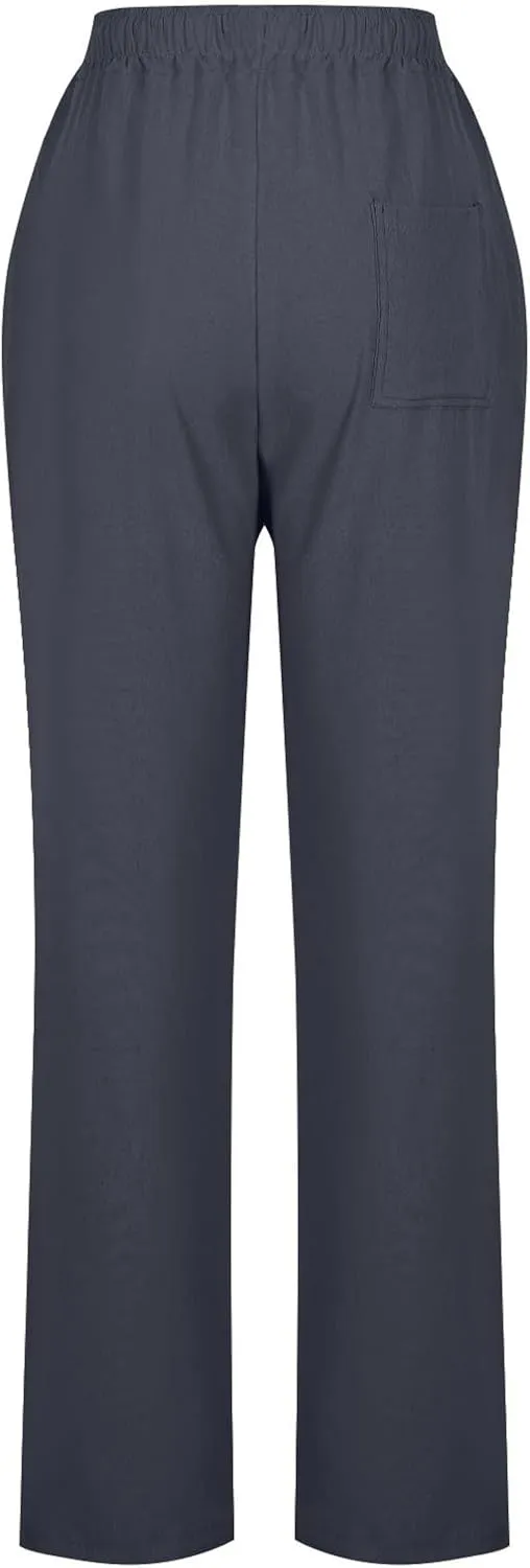Linen Pants for Women Summer Straight Leg Pants High Waisted Drawstring Trousers Comfy Soft Lounge Pants with Pockets