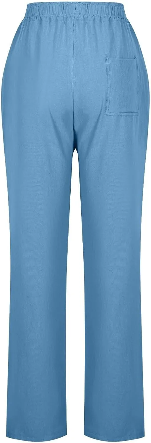 Linen Pants for Women Summer Straight Leg Pants High Waisted Drawstring Trousers Comfy Soft Lounge Pants with Pockets