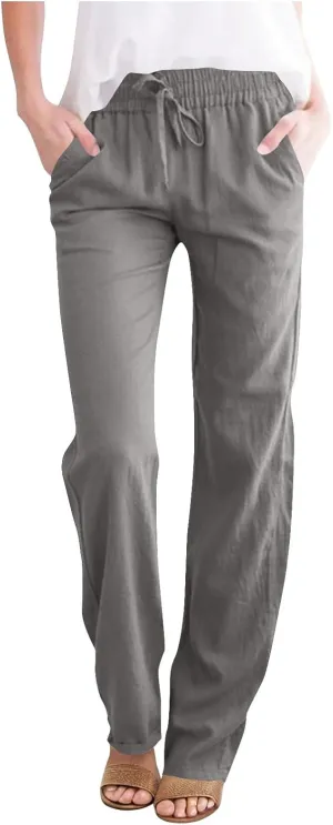 Linen Pants for Women Summer Straight Leg Pants High Waisted Drawstring Trousers Comfy Soft Lounge Pants with Pockets