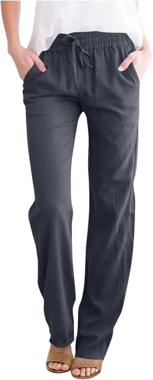 Linen Pants for Women Summer Straight Leg Pants High Waisted Drawstring Trousers Comfy Soft Lounge Pants with Pockets