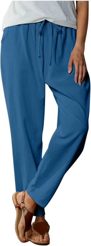 Linen Pants Women Cotton Straight Leg Lightweight Pant Summer Trousers Drawstring Elastic Waisted Loose Lounge Trouser