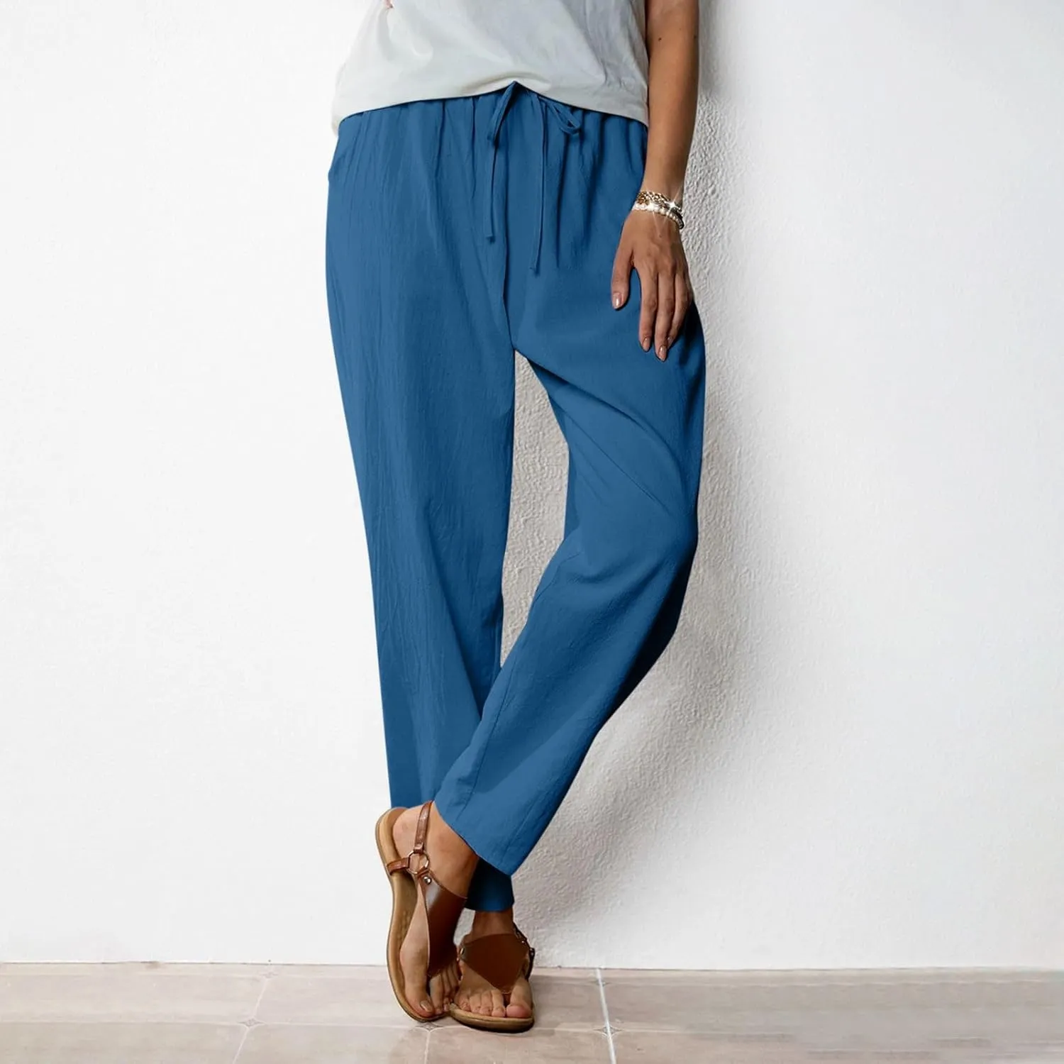 Linen Pants Women Cotton Straight Leg Lightweight Pant Summer Trousers Drawstring Elastic Waisted Loose Lounge Trouser
