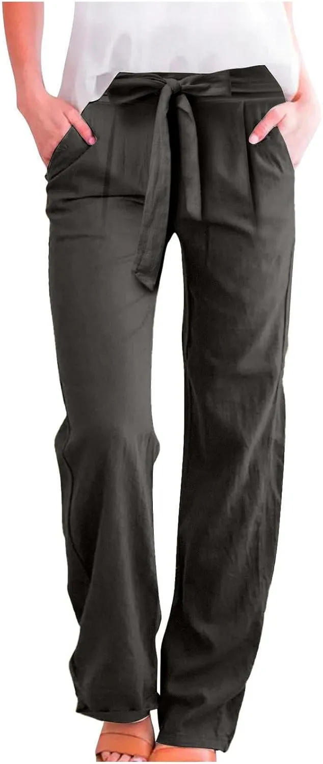 Linen Pants Women Plus Size High Waisted Dress Pants Knot Tie Straight Leg Work Pants Paperbag Pants with Pockets