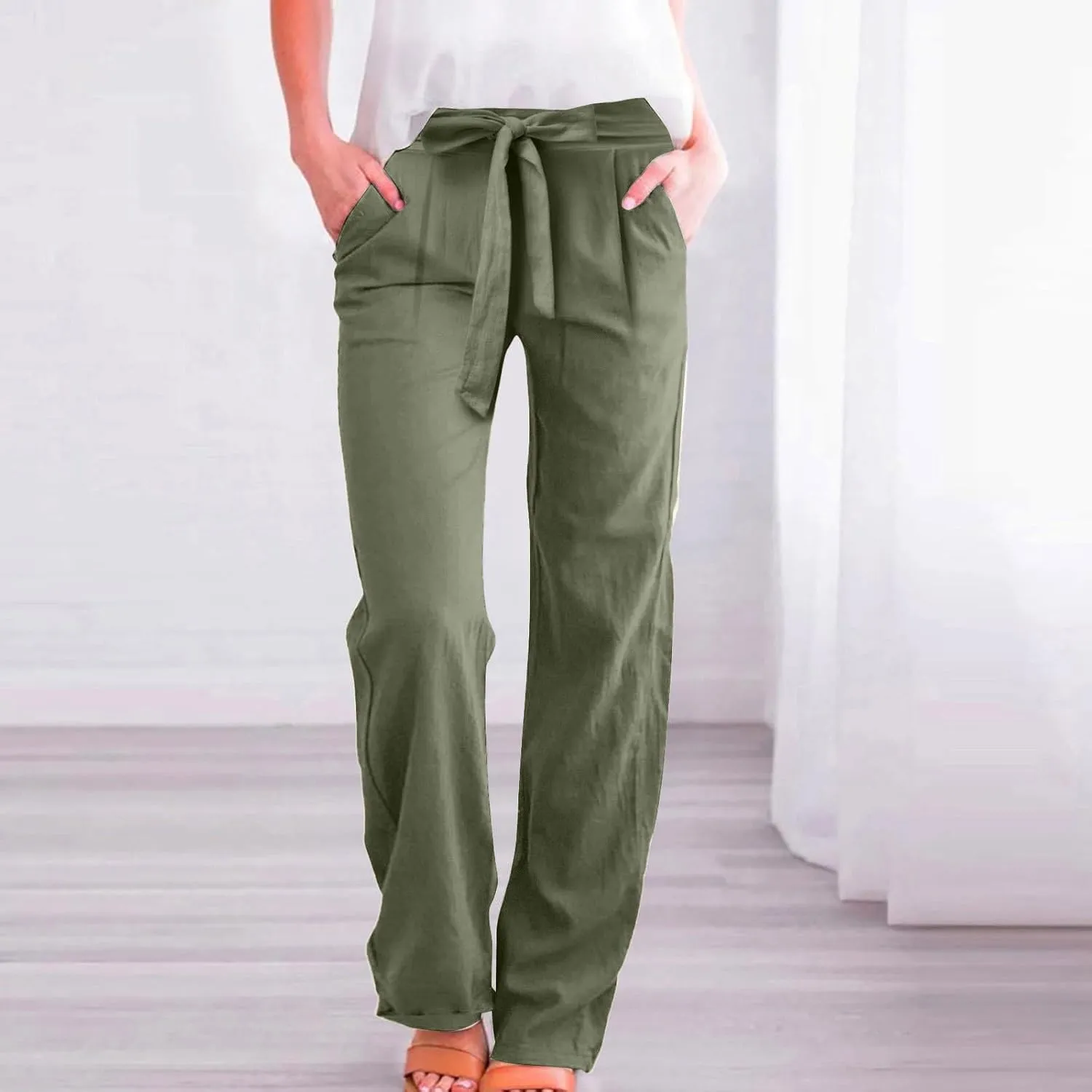 Linen Pants Women Plus Size High Waisted Dress Pants Knot Tie Straight Leg Work Pants Paperbag Pants with Pockets