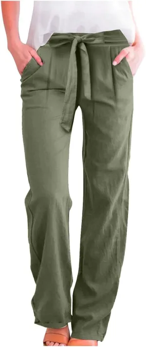 Linen Pants Women Plus Size High Waisted Dress Pants Knot Tie Straight Leg Work Pants Paperbag Pants with Pockets