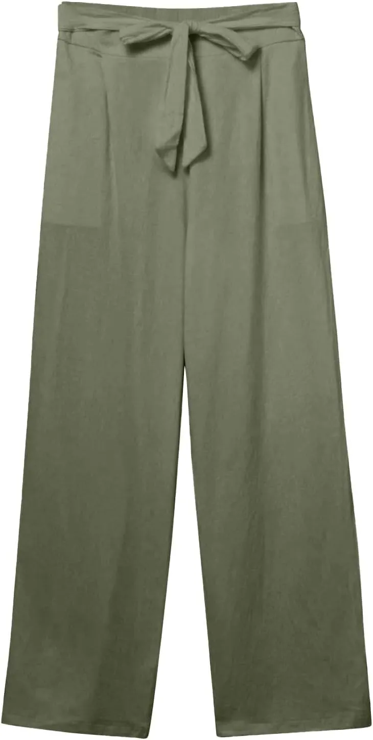 Linen Pants Women Plus Size High Waisted Dress Pants Knot Tie Straight Leg Work Pants Paperbag Pants with Pockets