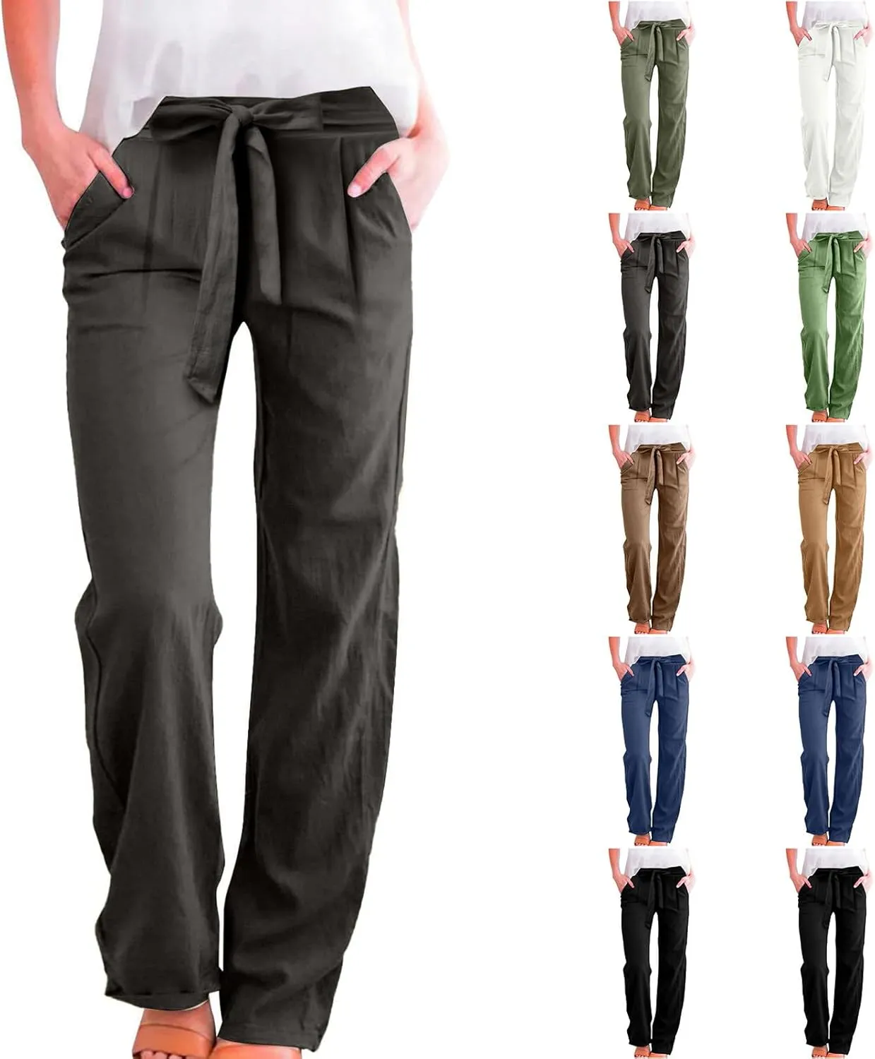 Linen Pants Women Plus Size High Waisted Dress Pants Knot Tie Straight Leg Work Pants Paperbag Pants with Pockets