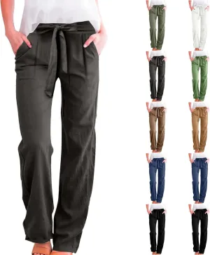 Linen Pants Women Plus Size High Waisted Dress Pants Knot Tie Straight Leg Work Pants Paperbag Pants with Pockets