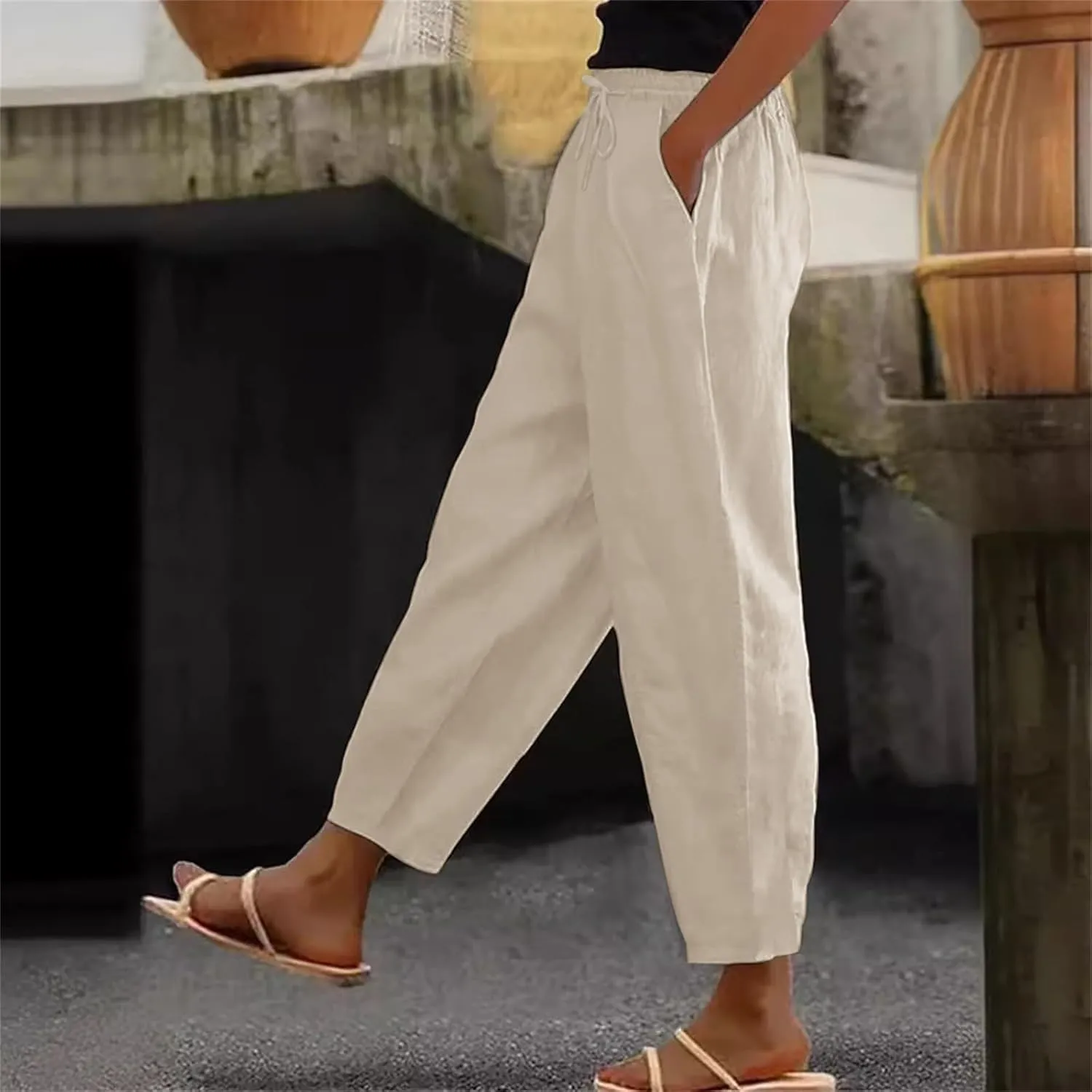 Linen Pants Women Summer High Elastic Waist Drawstring Palazzo Pants Straight Leg Slacks Cropped Trousers with Pockets